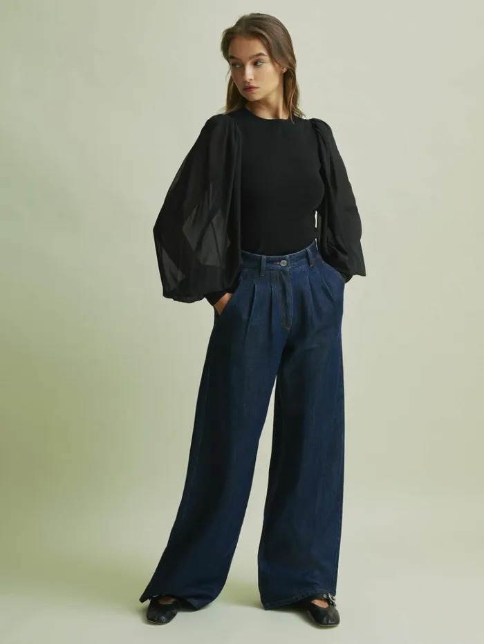 REISS Sweaters Women Florere Hybrid Knit Sheer Sleeve Black Top Black