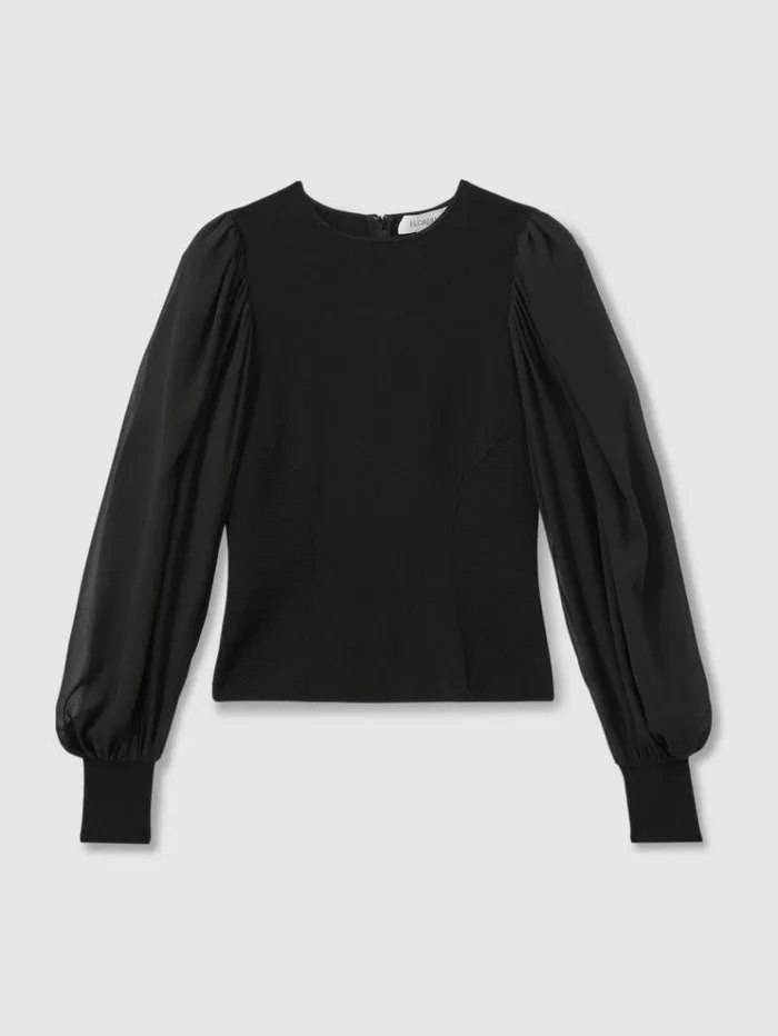 REISS Sweaters Women Florere Hybrid Knit Sheer Sleeve Black Top Black