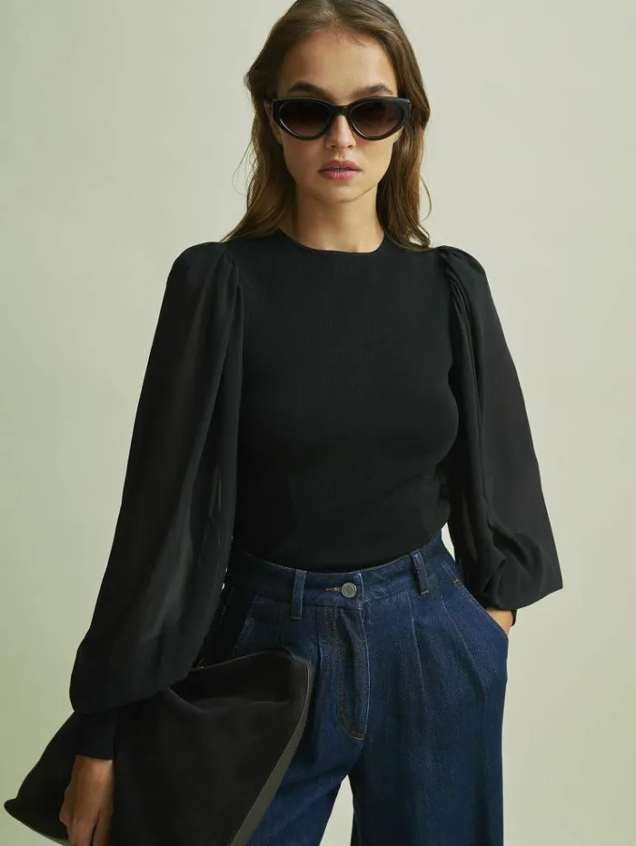 REISS Sweaters Women Florere Hybrid Knit Sheer Sleeve Black Top Black