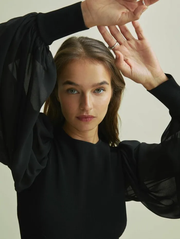 REISS Sweaters Women Florere Hybrid Knit Sheer Sleeve Black Top Black