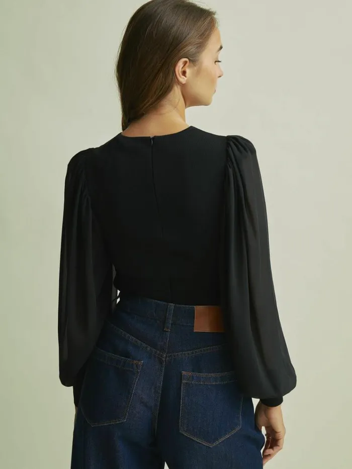 REISS Sweaters Women Florere Hybrid Knit Sheer Sleeve Black Top Black