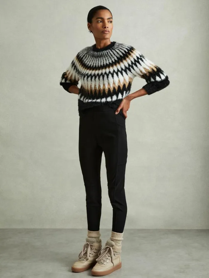 REISS Sweaters Women Fuzzy Fairisle Crew Neck Jumper Blackcamel