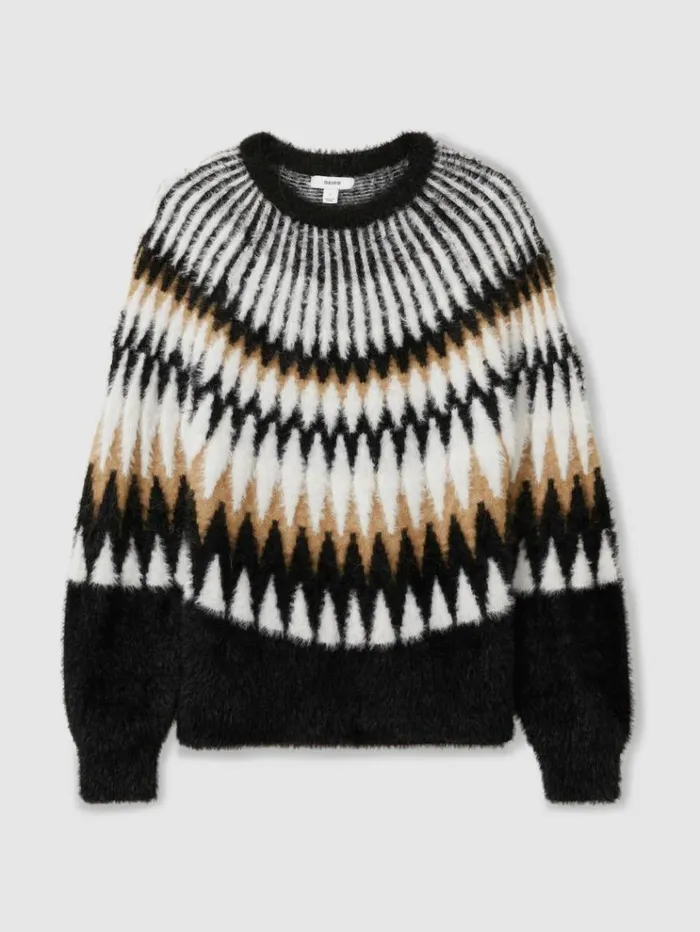 REISS Sweaters Women Fuzzy Fairisle Crew Neck Jumper Blackcamel