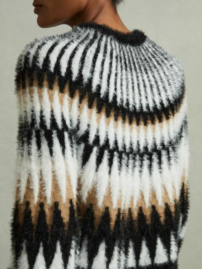 REISS Sweaters Women Fuzzy Fairisle Crew Neck Jumper Blackcamel