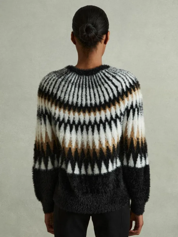 REISS Sweaters Women Fuzzy Fairisle Crew Neck Jumper Blackcamel