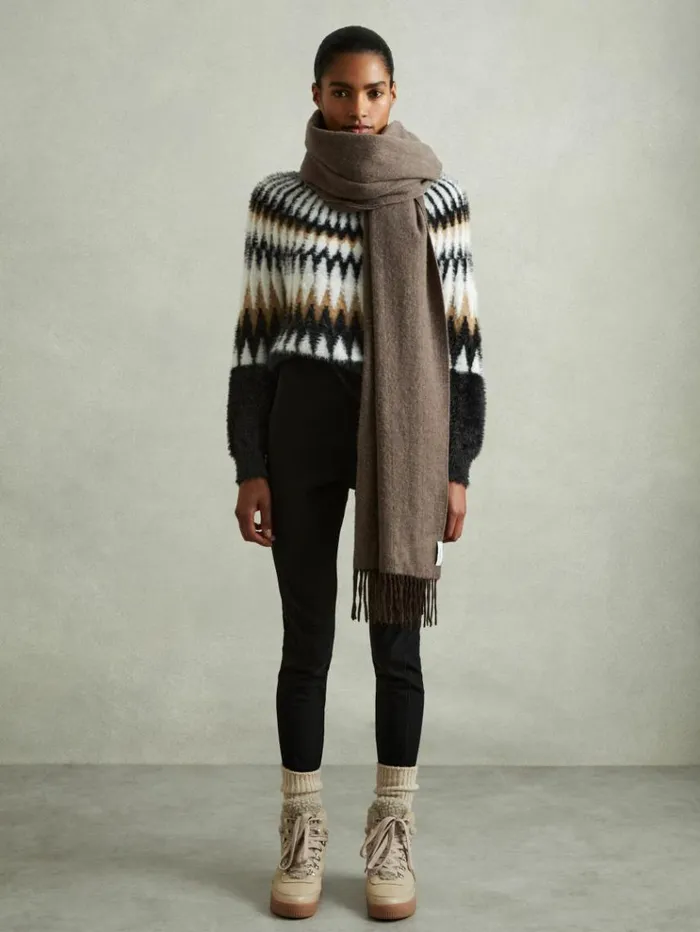 REISS Sweaters Women Fuzzy Fairisle Crew Neck Jumper Blackcamel