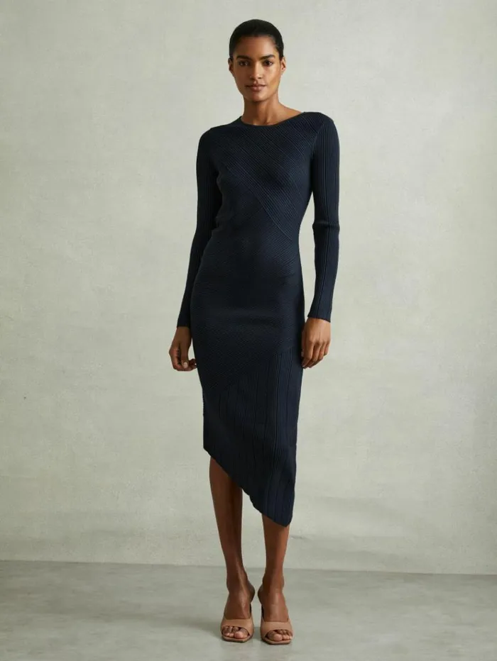 REISS Sweaters Women Knitted Colourblock Asymmetric Midi Dress Teal