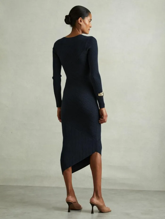 REISS Sweaters Women Knitted Colourblock Asymmetric Midi Dress Teal