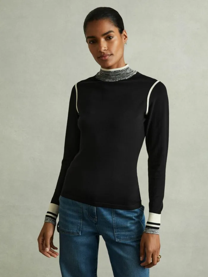 REISS Sweaters Women Knitted Contrast High Neck Jumper Blackcream