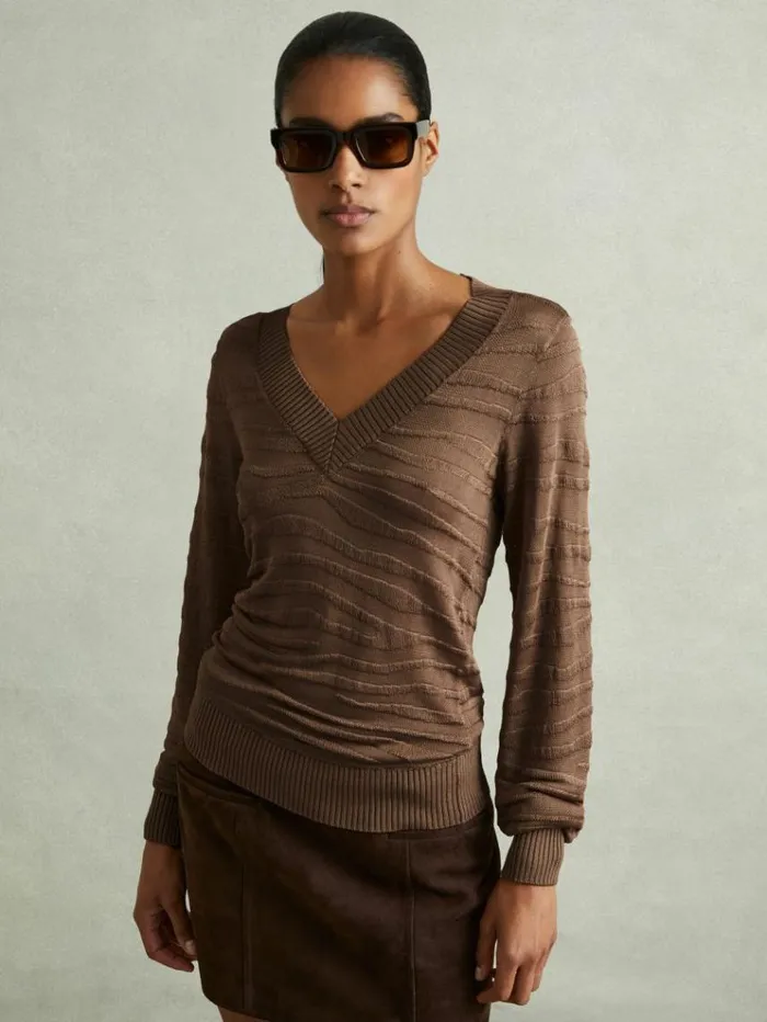 REISS Sweaters Women Striped VNeck Jumper Mink