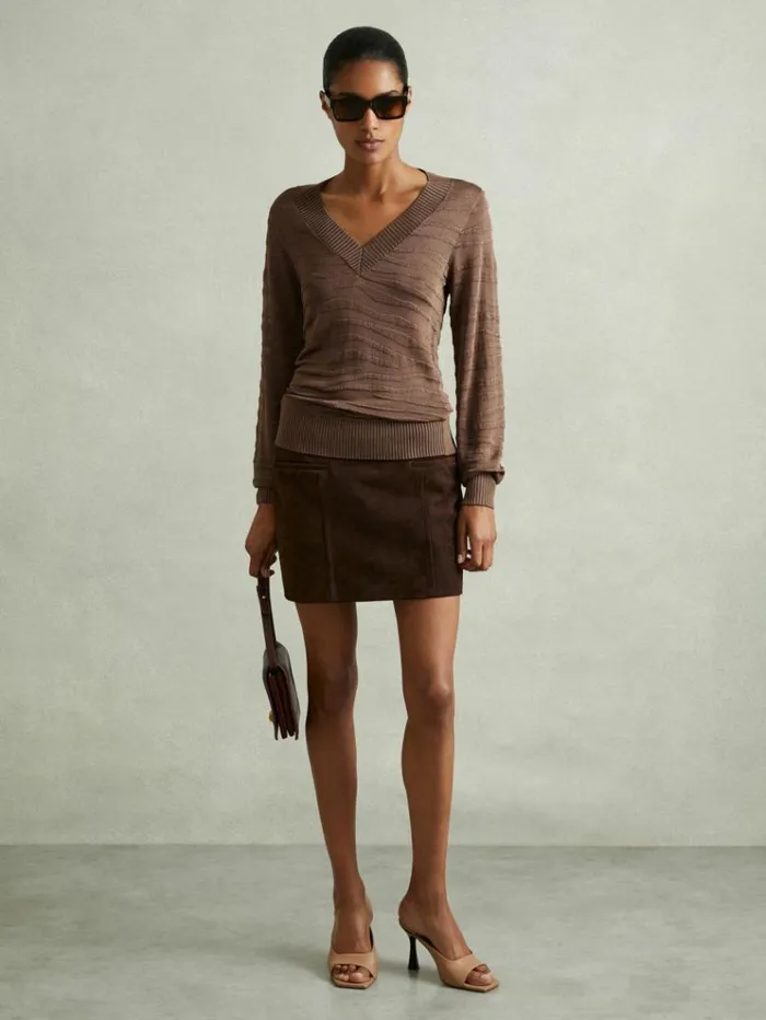 REISS Sweaters Women Striped VNeck Jumper Mink