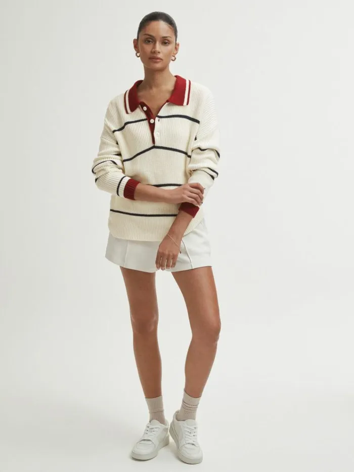 REISS Sweaters Women The Upside Oversized Cotton Polo Jumper White Stripe