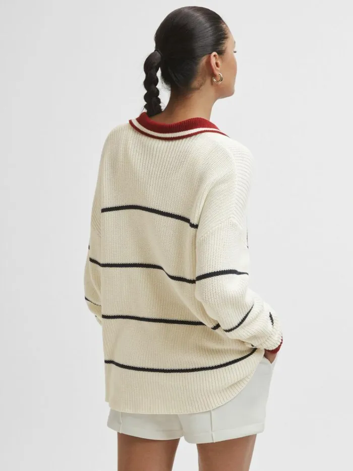 REISS Sweaters Women The Upside Oversized Cotton Polo Jumper White Stripe