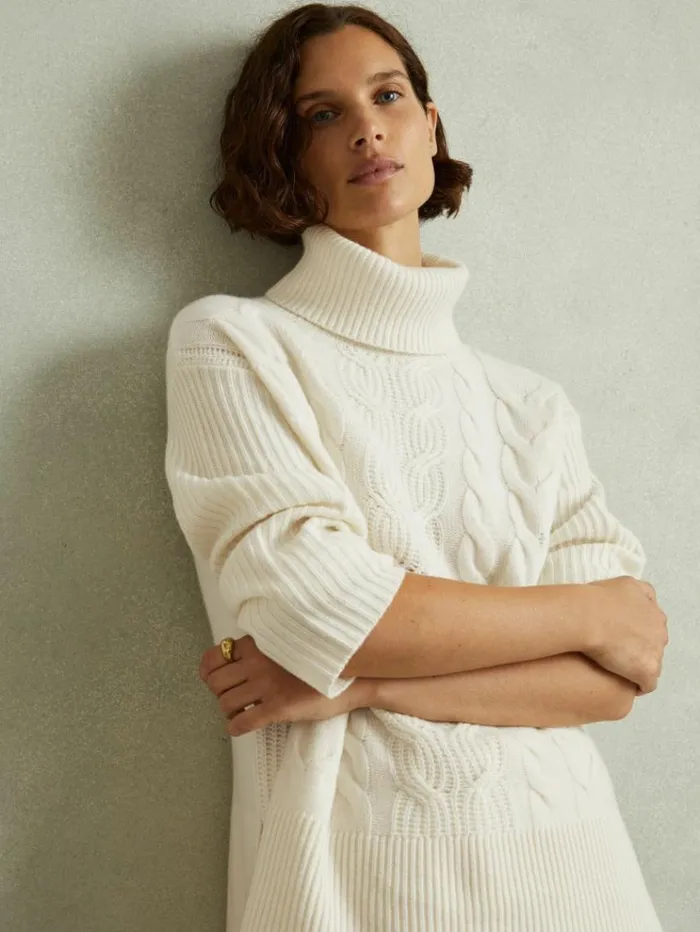 REISS Sweaters Women WoolCashmere Cable Knit Roll Neck Jumper Cream