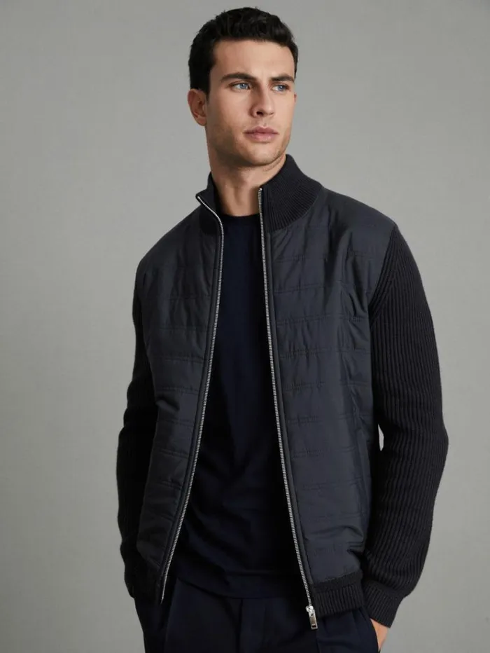 REISS Sweats Hoodies and Joggers Men Hybrid Quilt And Knit ZipThrough Jacket Navy