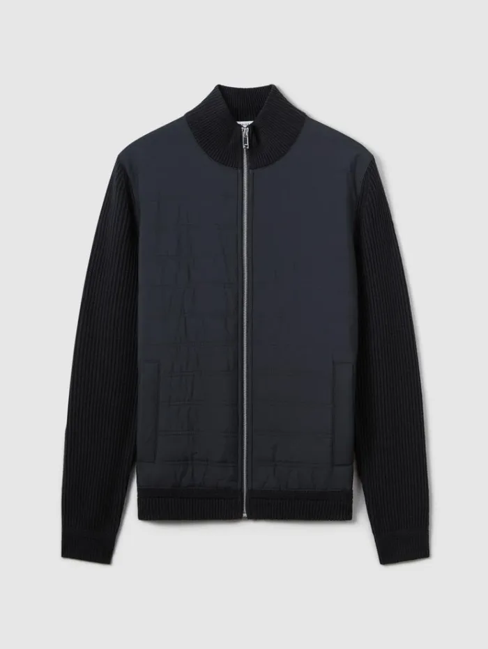REISS Sweats Hoodies and Joggers Men Hybrid Quilt And Knit ZipThrough Jacket Navy