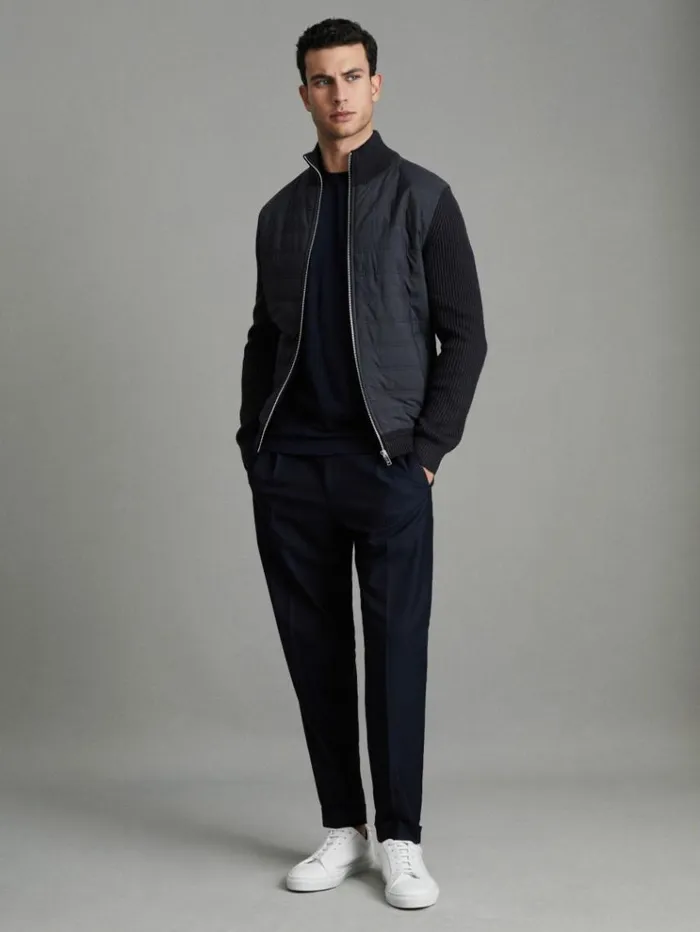 REISS Sweats Hoodies and Joggers Men Hybrid Quilt And Knit ZipThrough Jacket Navy