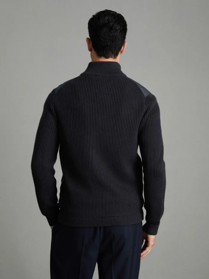 REISS Sweats Hoodies and Joggers Men Hybrid Quilt And Knit ZipThrough Jacket Navy