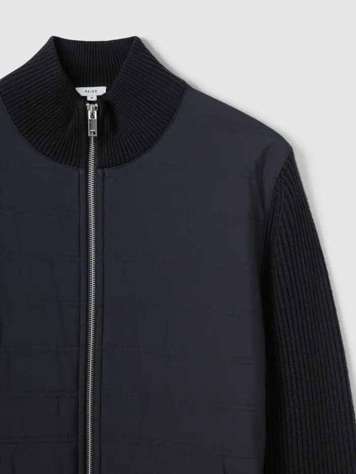 REISS Sweats Hoodies and Joggers Men Hybrid Quilt And Knit ZipThrough Jacket Navy