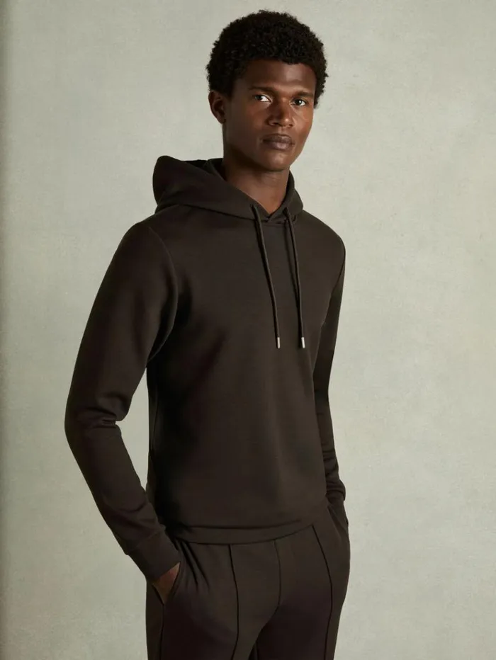 REISS Sweats Hoodies and Joggers Men Interlock Jersey Hoodie Chocolate Brown