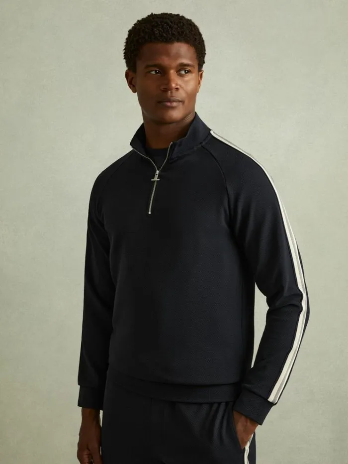 REISS Sweats Hoodies and Joggers Men Textured Stripe HalfZip Funnel Neck Sweatshirt Navy REISS Sweats Hoodies and Joggers Men Textured Stripe HalfZip Funnel Neck Sweatshirt Navy