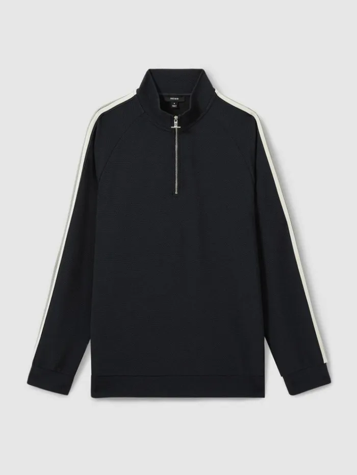 REISS Sweats Hoodies and Joggers Men Textured Stripe HalfZip Funnel Neck Sweatshirt Navy