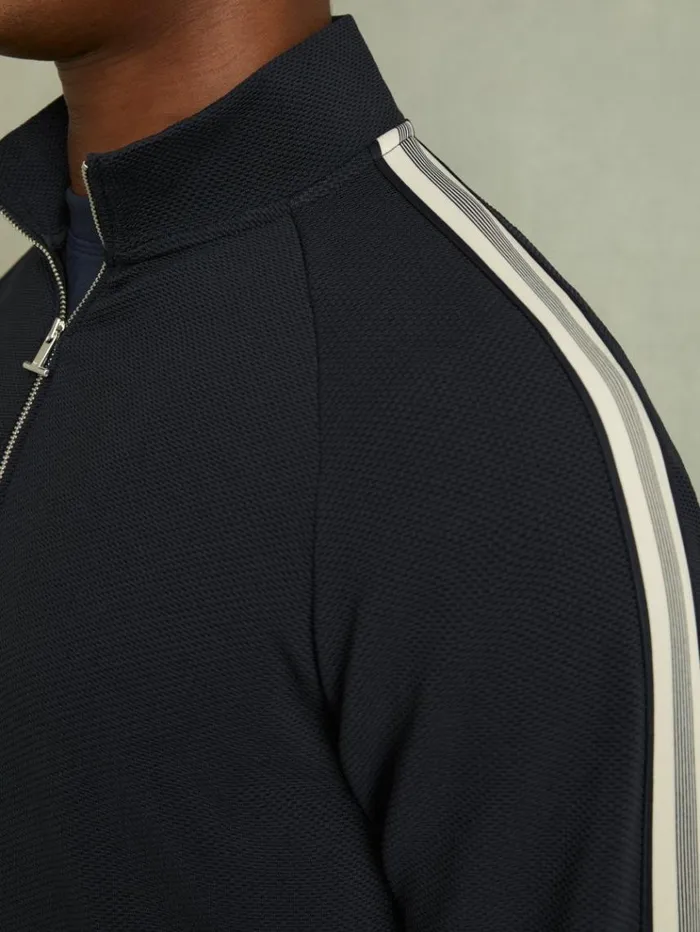 REISS Sweats Hoodies and Joggers Men Textured Stripe HalfZip Funnel Neck Sweatshirt Navy