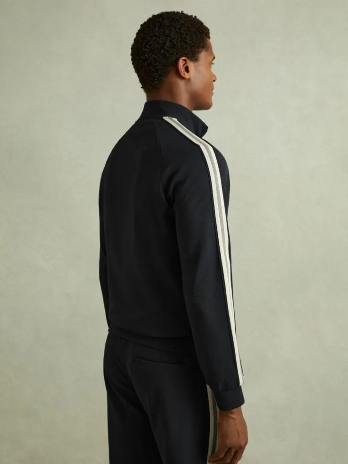 REISS Sweats Hoodies and Joggers Men Textured Stripe HalfZip Funnel Neck Sweatshirt Navy
