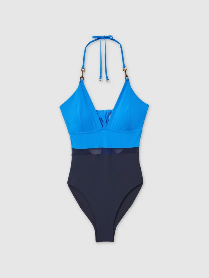 REISS Swimwear Women Colourblock Halter Tie Back Swimsuit Bluenavy