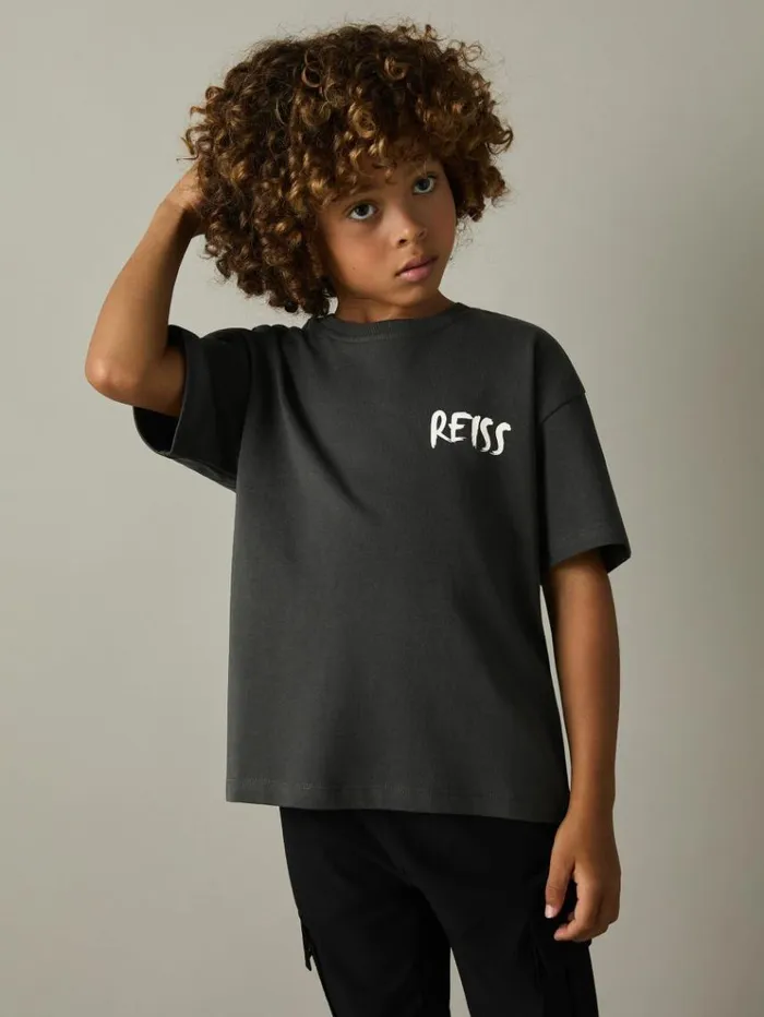 REISS TShirts Children 100 Cotton Logo Print Crew Neck TShirt Washed Black