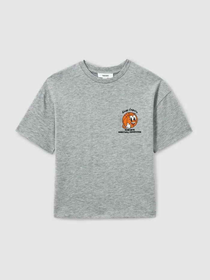 REISS TShirts Children Oversized Cotton Basketball Motif Crew Neck TShirt Grey Melange