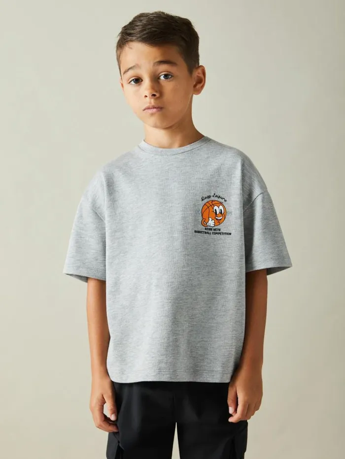 REISS TShirts Children Oversized Cotton Basketball Motif Crew Neck TShirt Grey Melange