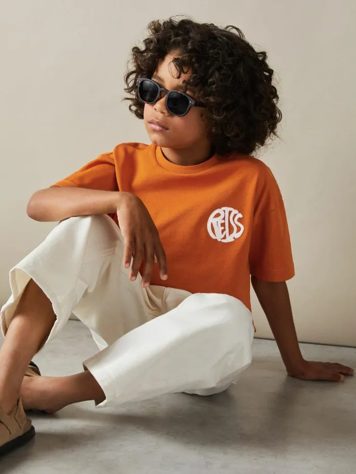 REISS TShirts Children Oversized Cotton Embroidered TShirt Burnt Orangeoff White