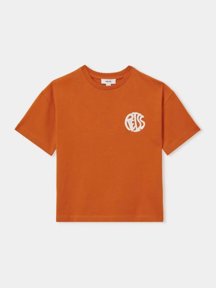 REISS TShirts Children Oversized Cotton Embroidered TShirt Burnt Orangeoff White