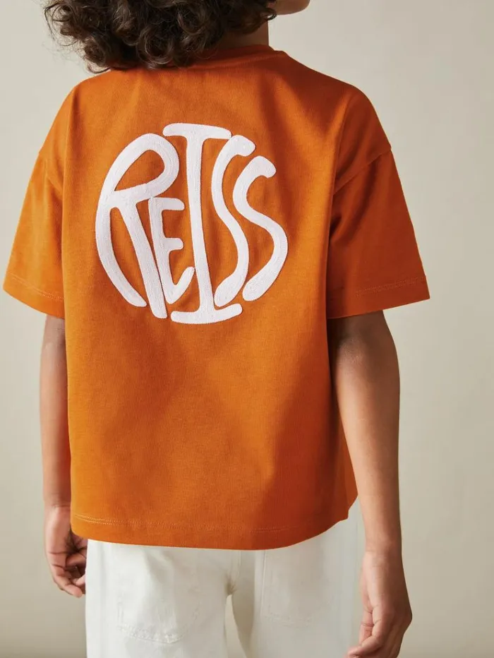 REISS TShirts Children Oversized Cotton Embroidered TShirt Burnt Orangeoff White