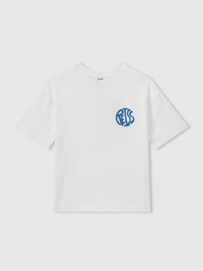 REISS TShirts Children Oversized Cotton Embroidered TShirt Optic Whiteblue