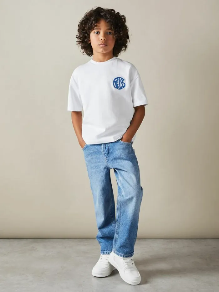 REISS TShirts Children Oversized Cotton Embroidered TShirt Optic Whiteblue