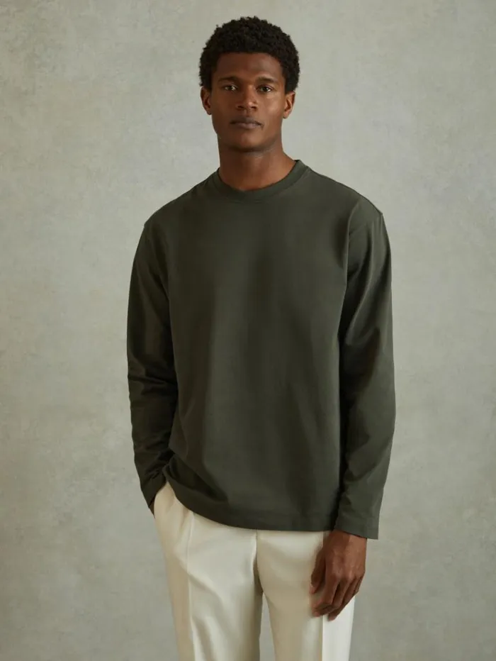 REISS TShirts Men Cotton Crew Neck Long Sleeve TShirt Khaki