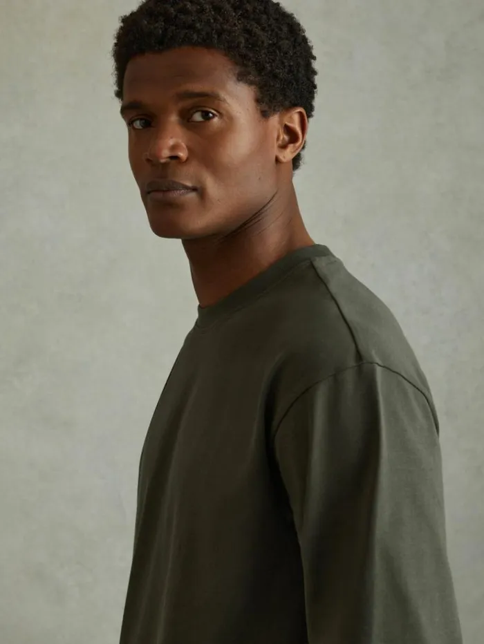 REISS TShirts Men Cotton Crew Neck Long Sleeve TShirt Khaki