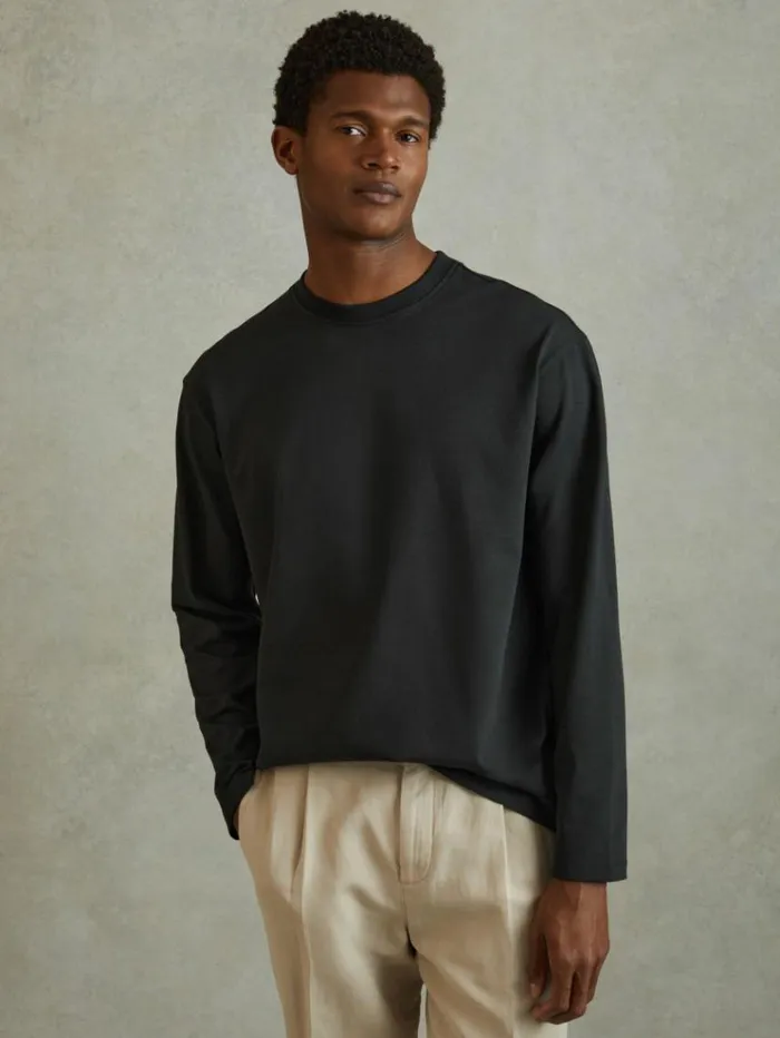 REISS TShirts Men Cotton Crew Neck Long Sleeve TShirt Washed Black