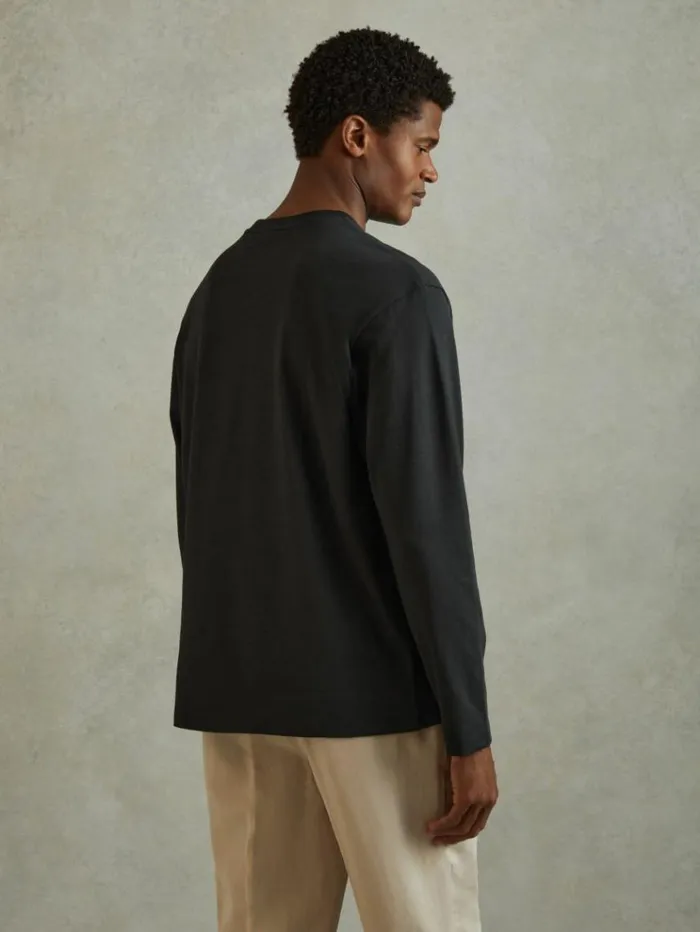 REISS TShirts Men Cotton Crew Neck Long Sleeve TShirt Washed Black
