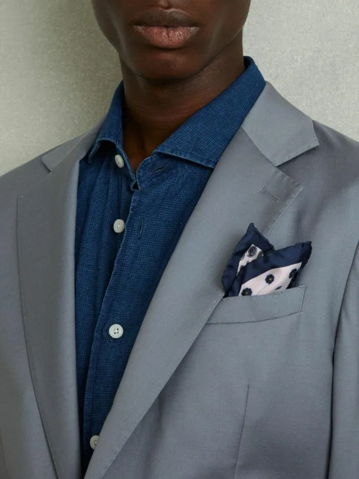 REISS Ties and Pocket Squares Men Silk Hybrid Print Pocket Square Ivorynavy