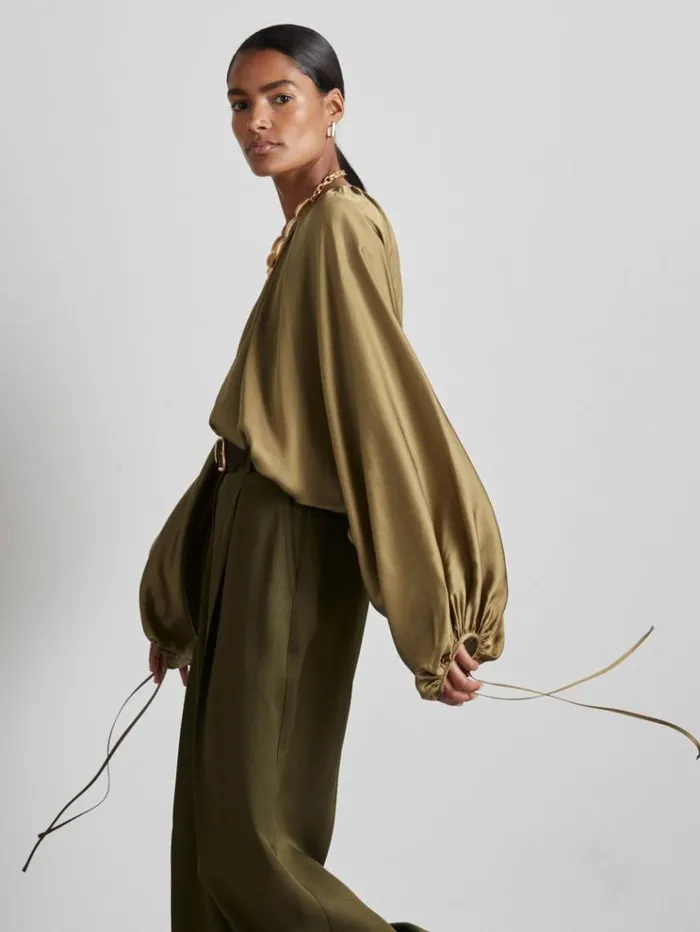REISS Tops Women Atelier Gathered Satin Top Khaki