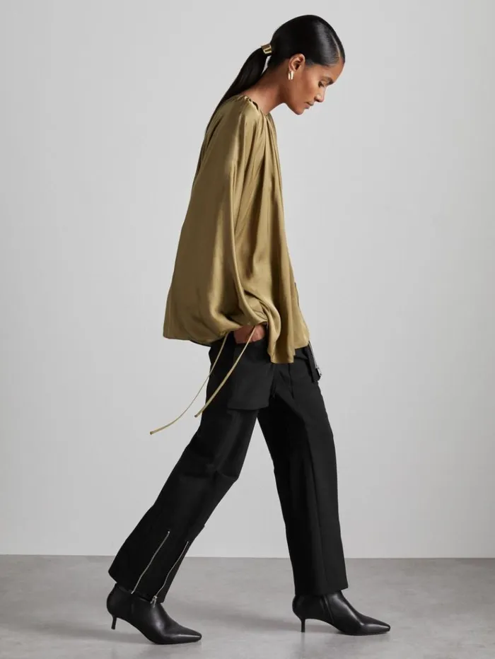 REISS Tops Women Atelier Gathered Satin Top Khaki
