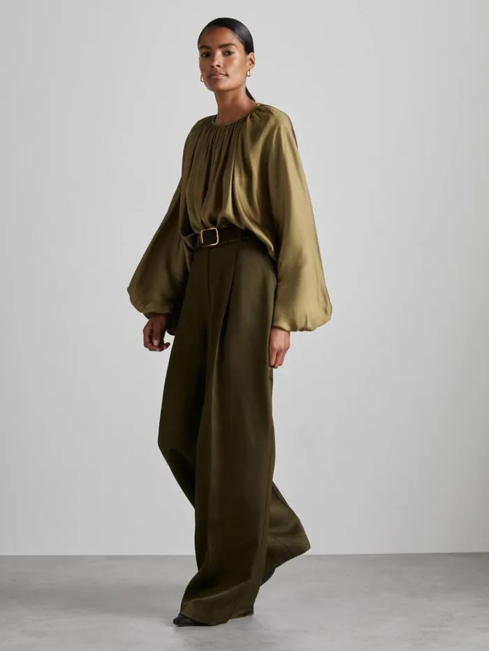 REISS Tops Women Atelier Gathered Satin Top Khaki