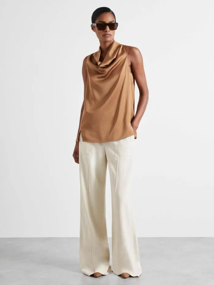 REISS Tops Women Atelier Satin CowlNeck Top Tan