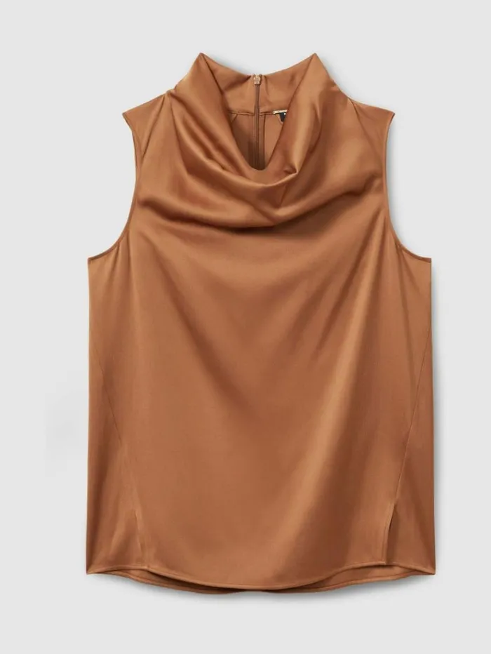 REISS Tops Women Atelier Satin CowlNeck Top Tan