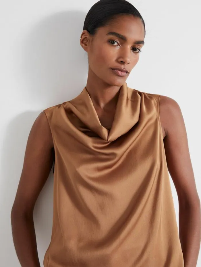 REISS Tops Women Atelier Satin CowlNeck Top Tan