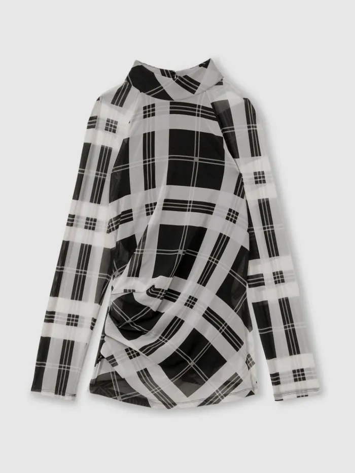 REISS Tops Women Checked Ruched Top Blackwhite