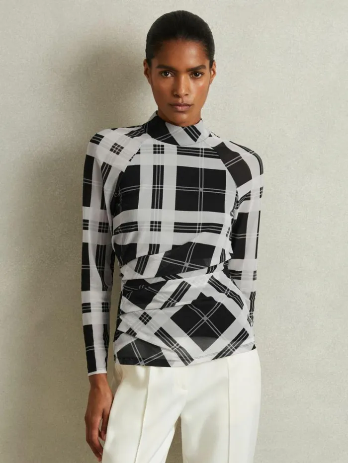 REISS Tops Women Checked Ruched Top Blackwhite